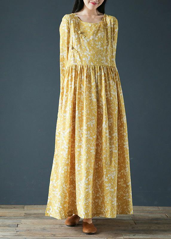 Modern yellow print dresses o neck Chinese Button robes fall Dress - SooLinen