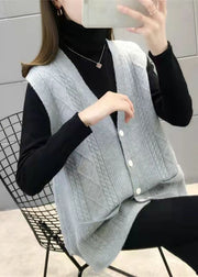 Modern Light Grey V Neck Button Pockets Fall Sleeveless Knit Vest