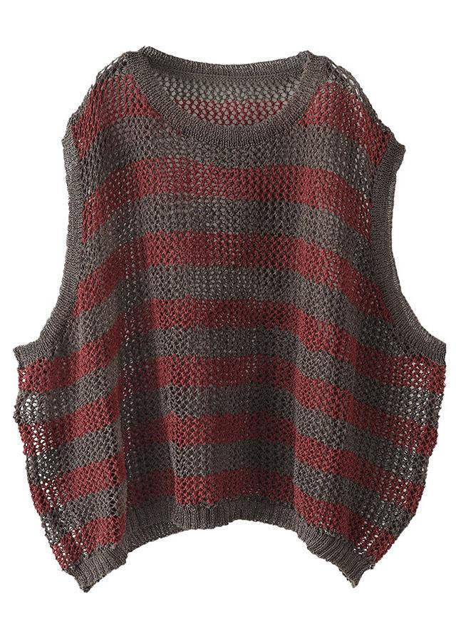 Mulberry Striped Hollow Out Summer Linen Tank Sleeveless - SooLinen