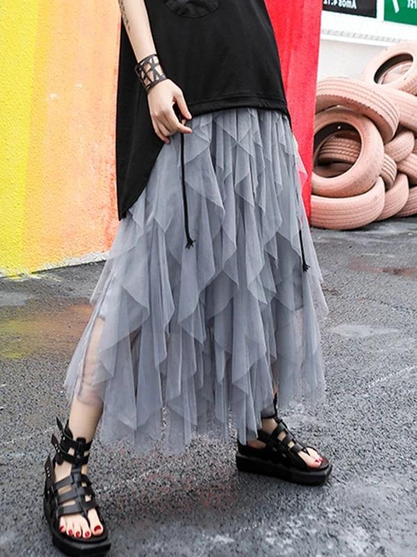 Mu black chiffon skirt Fashion Sewing asymmetric Art Summer skirt - SooLinen