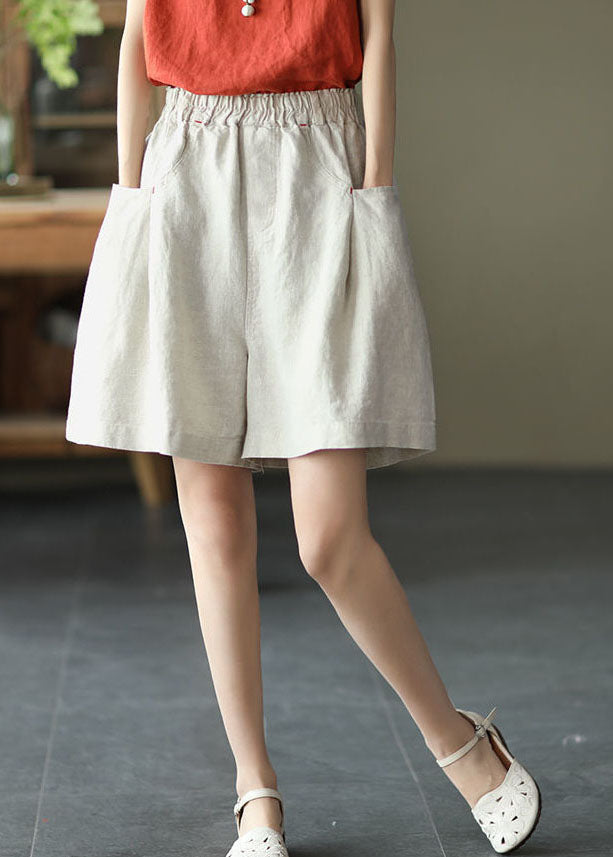 Natural Apricot High Waist Pockets Linen Wide Leg Shorts Summer