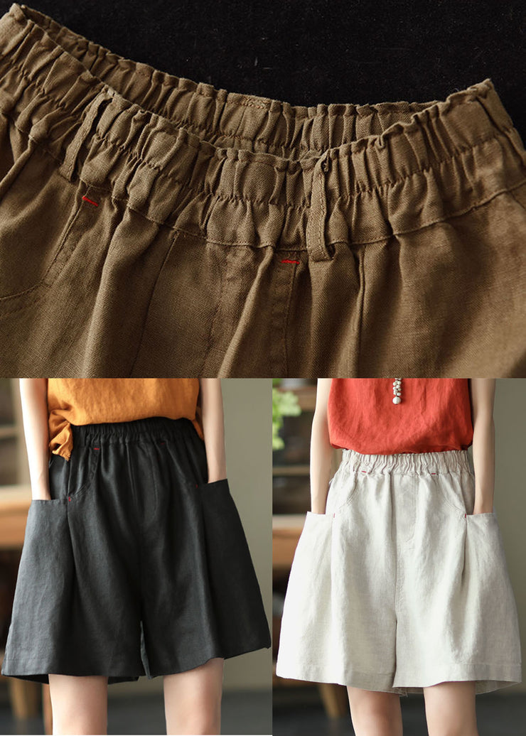 Natural Apricot High Waist Pockets Linen Wide Leg Shorts Summer