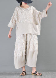 Natural Beige Patchwork asymmetrical design Cotton Linen Wide Leg Summer Pants - SooLinen