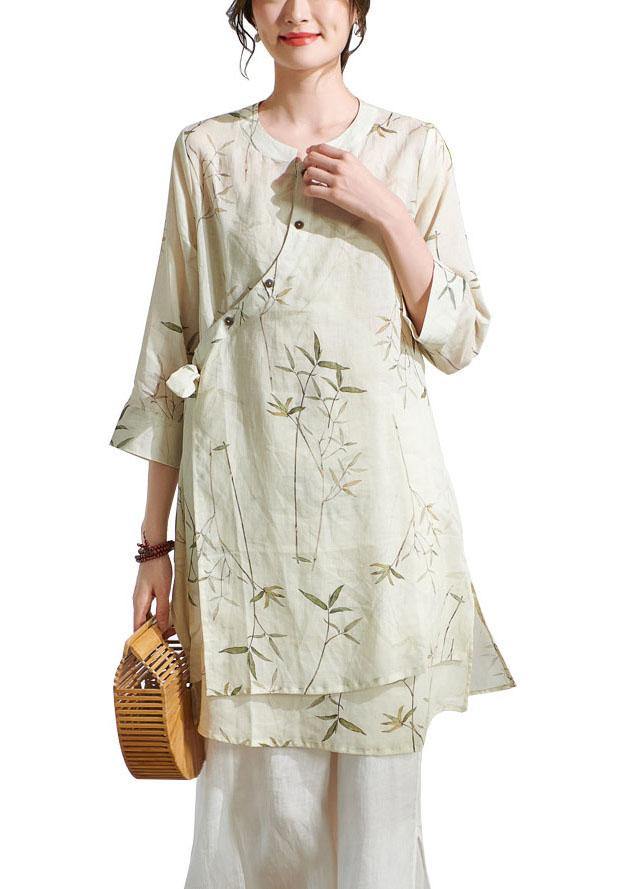 Natural Beige Print Button Elegant Summer Ramie Shirt Tops - SooLinen