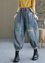 Natural Black Casual Elastic Waist Pockets Fall Denim Pants