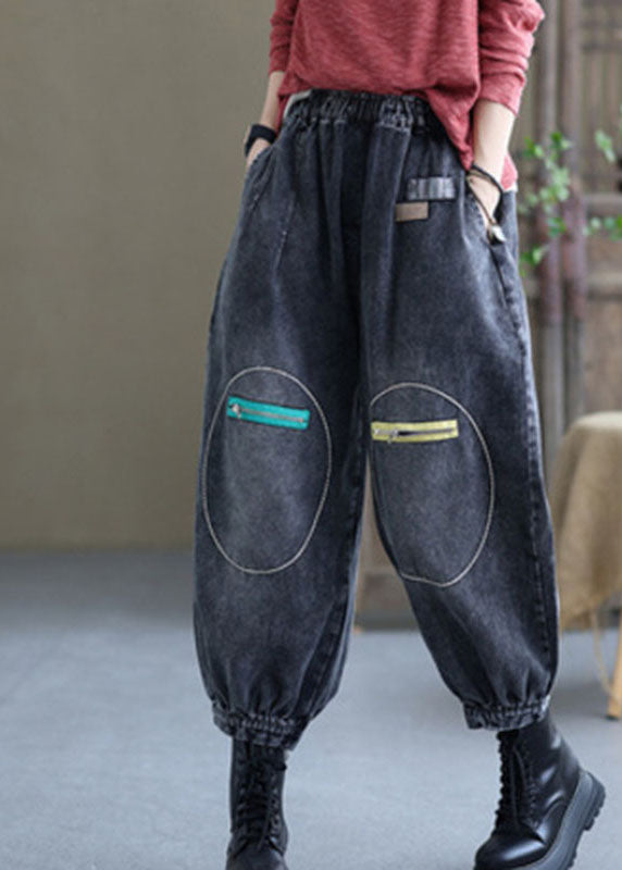 Natural Black Casual Elastic Waist Pockets Fall Denim Pants