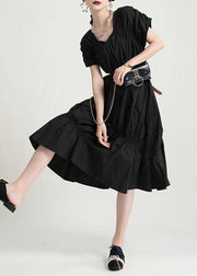 Natural Black Cotton V Neck Asymmetrical Design Summer Vacation Dress Short Sleeve - SooLinen