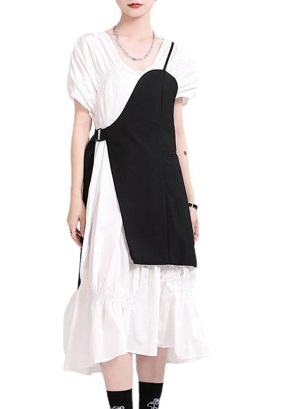 Natural Black Cotton V Neck Asymmetrical Design Summer Vacation Dress Short Sleeve - SooLinen