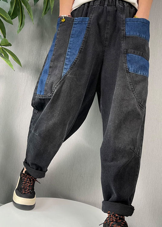 Natürliche schwarze Patchwork-Denim-Haremshose Frühling