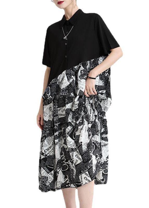 Natural Black Print Patchwork Summer Button Maxi Dresses - SooLinen