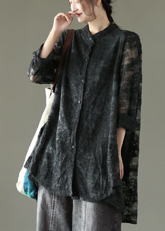 Natural Black Stand Collar Embroideried Lace Long Shirt Long Sleeve