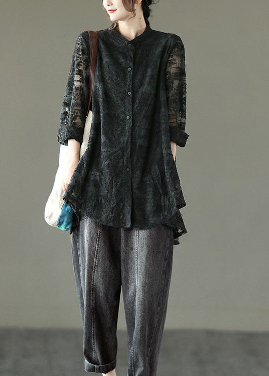 Natural Black Stand Collar Embroideried Lace Long Shirt Long Sleeve