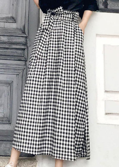 Natural Black White Plaid Bow A Line Summer Skirt Cotton - SooLinen