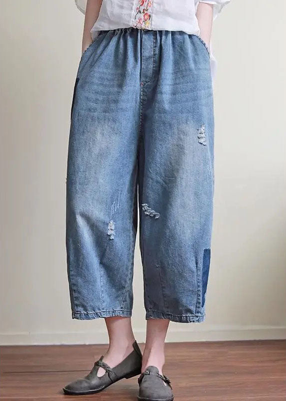 Natural Blue Casual Pockets Hole Harem Fall Denim Pant