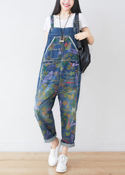 Natural Blue Hole Print Pockets Cowboy Jumpsuit Spring