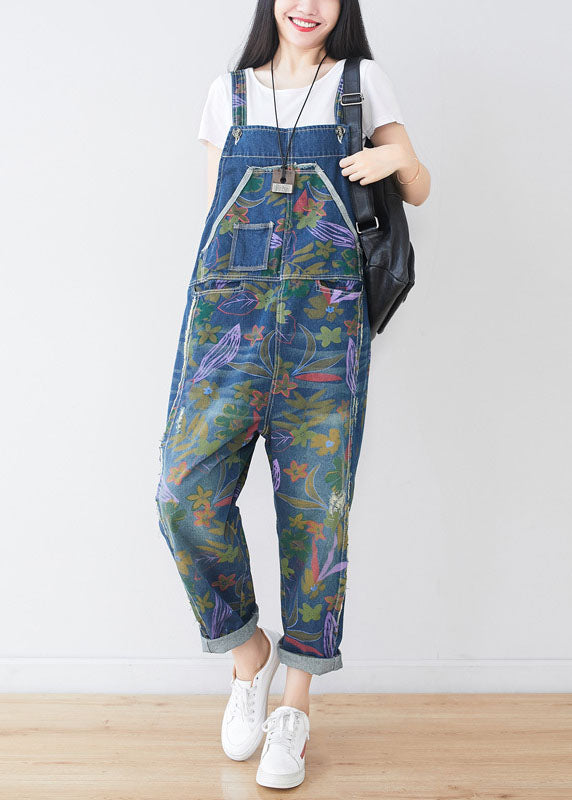 Natural Blue Hole Print Pockets Cowboy Jumpsuit Spring