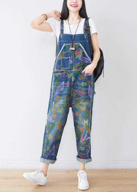 Natural Blue Hole Print Pockets Cowboy Jumpsuit Spring