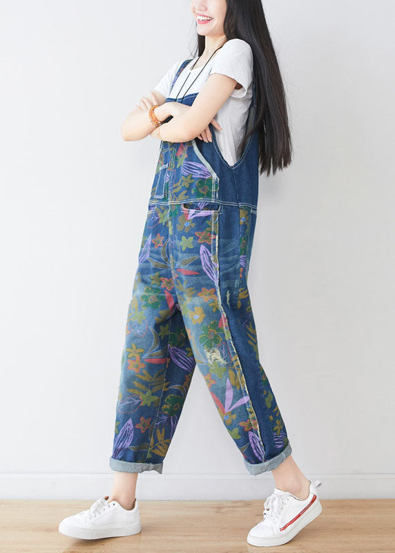 Natural Blue Hole Print Pockets Cowboy Jumpsuit Spring