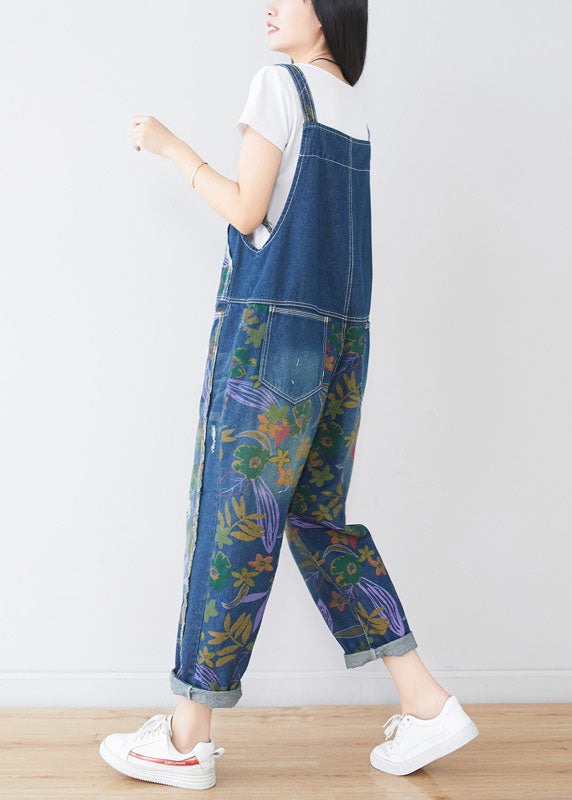 Natural Blue Hole Print Pockets Cowboy Jumpsuit Spring