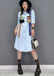 Natural Blue Peter Pan Collar Patchwork Chiffon Shirt Dress Short Sleeve