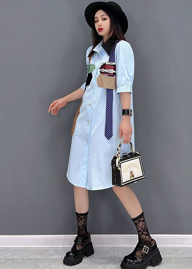 Natural Blue Peter Pan Collar Patchwork Chiffon Shirt Dress Short Sleeve