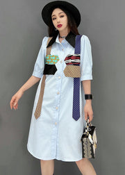 Natural Blue Peter Pan Collar Patchwork Chiffon Shirt Dress Short Sleeve