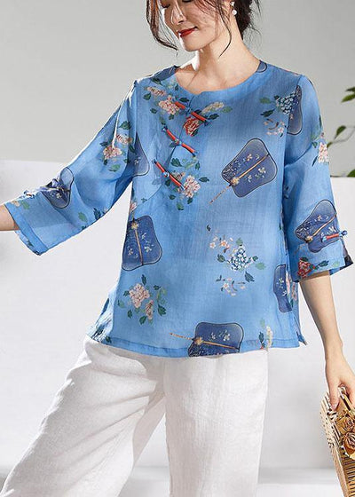 Natural Blue Print Oriental Summer Ramie Shirt - SooLinen