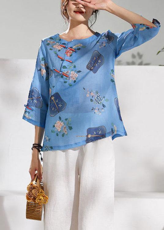 Natural Blue Print Oriental Summer Ramie Shirt - SooLinen