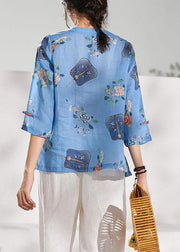 Natural Blue Print Oriental Summer Ramie Shirt - SooLinen