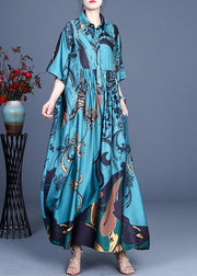 Natural Blue Print Silk Half Sleeve Dress Summer - SooLinen