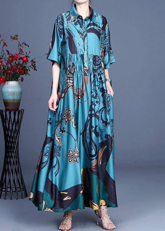 Natural Blue Print Silk Half Sleeve Dress Summer - SooLinen