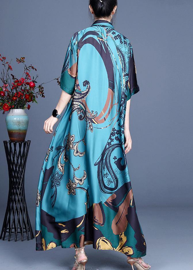 Natural Blue Print Silk Half Sleeve Dress Summer - SooLinen