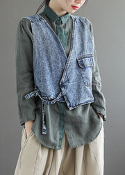 Natural Blue pockets tie waist Asymmetrical denim vest Spring