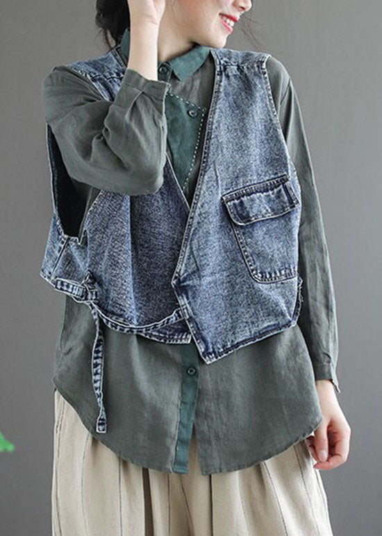 Natural Blue pockets tie waist Asymmetrical denim vest Spring