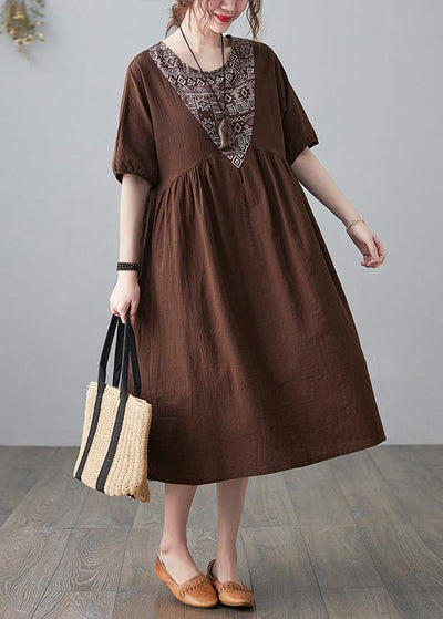 Natural Chocolate Patchwork Short Sleeve Maxi Dresses Summer - SooLinen