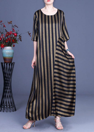 Natural Chocolate Striped O-Neck Summer Silk Party Dress - SooLinen