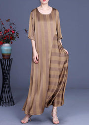 Natural Chocolate Striped O-Neck Summer Silk Party Dress - SooLinen