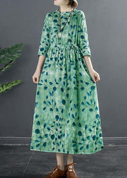 Natural Drawstring Dresses Photography Green Print A Line Dress - SooLinen