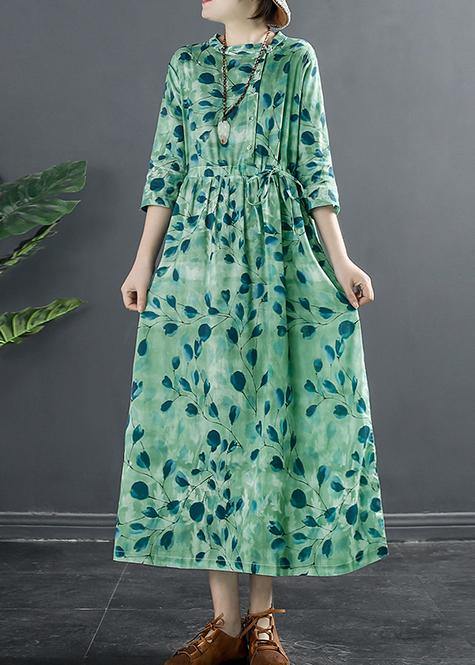 Natural Drawstring Dresses Photography Green Print A Line Dress - SooLinen