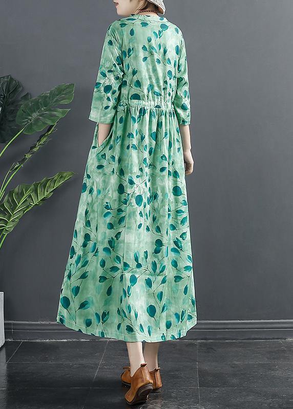 Natural Drawstring Dresses Photography Green Print A Line Dress - SooLinen