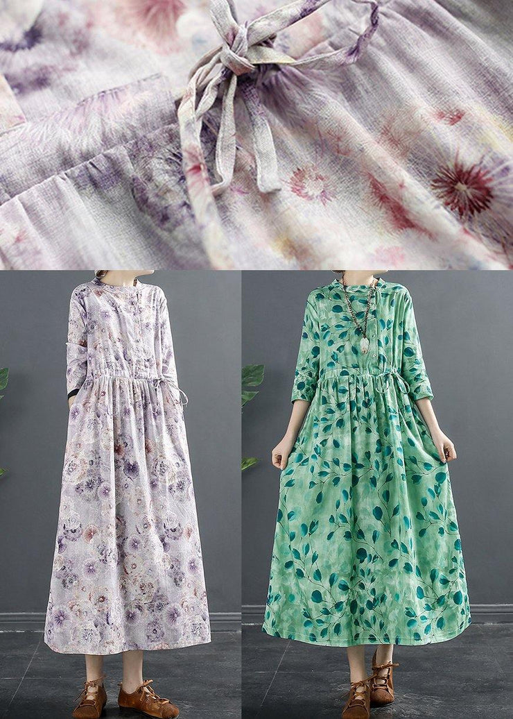 Natural Drawstring Dresses Photography Green Print A Line Dress - SooLinen