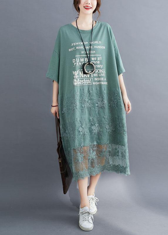 Natural Green O-Neck Graphic Summer Long Dresses Half Sleeve - SooLinen