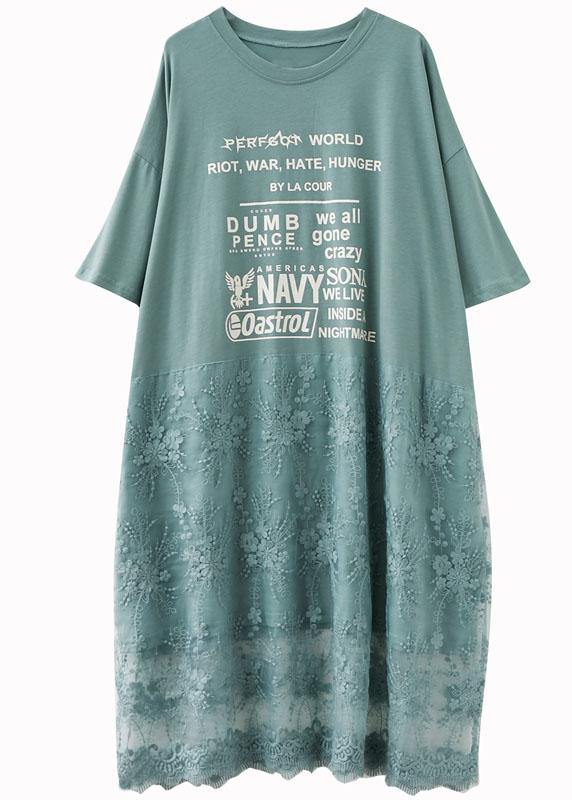 Natural Green O-Neck Graphic Summer Long Dresses Half Sleeve - SooLinen