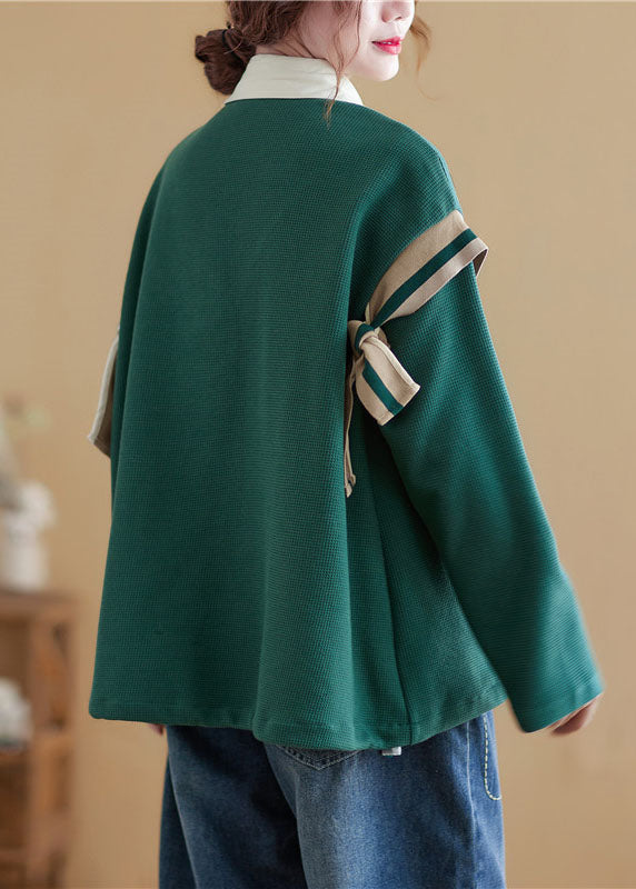 Natural Green Peter Pan Collar Patchwork Cotton Sweatshirts Top Spring