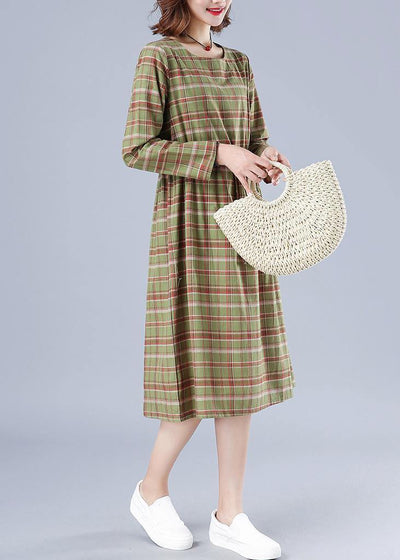 Natural Green Plaid Dresses O Neck Drawstring Knee Spring Dress - SooLinen