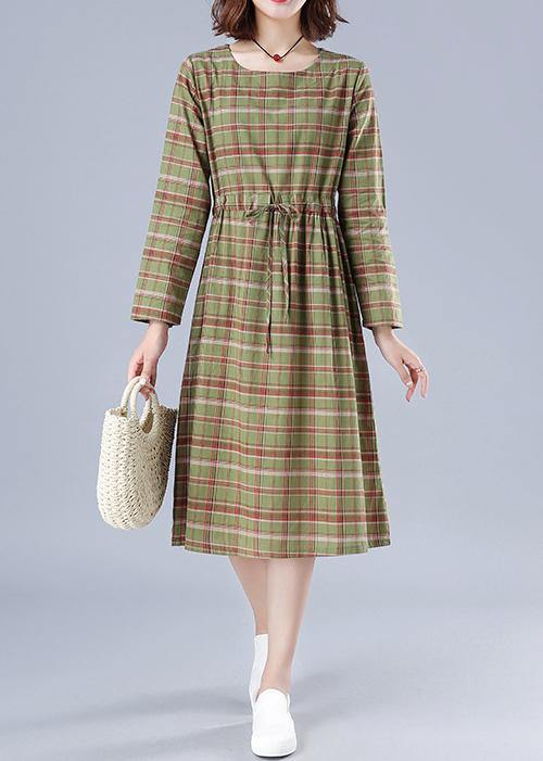 Natural Green Plaid Dresses O Neck Drawstring Knee Spring Dress - SooLinen