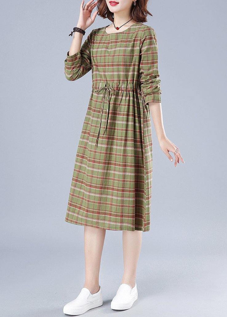 Natural Green Plaid Dresses O Neck Drawstring Knee Spring Dress - SooLinen