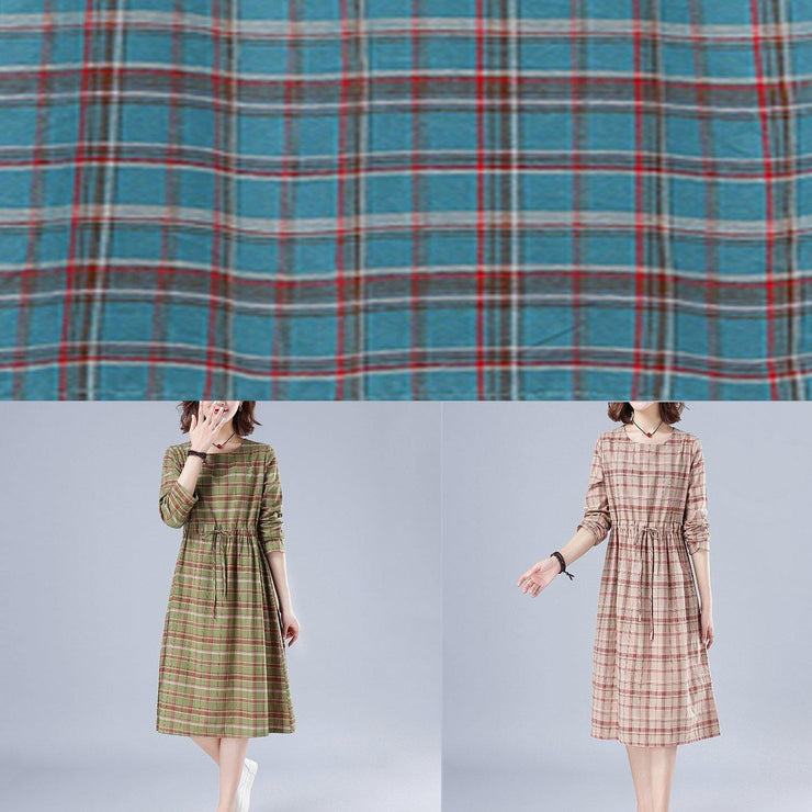 Natural Green Plaid Dresses O Neck Drawstring Knee Spring Dress - SooLinen