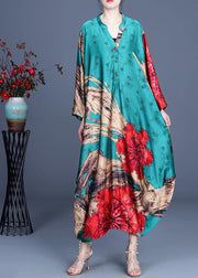 Natural Green Print Chiffon Oversize Summer Spring Robe Dresses - SooLinen