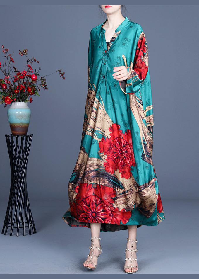 Natural Green Print Chiffon Oversize Summer Spring Robe Dresses - SooLinen